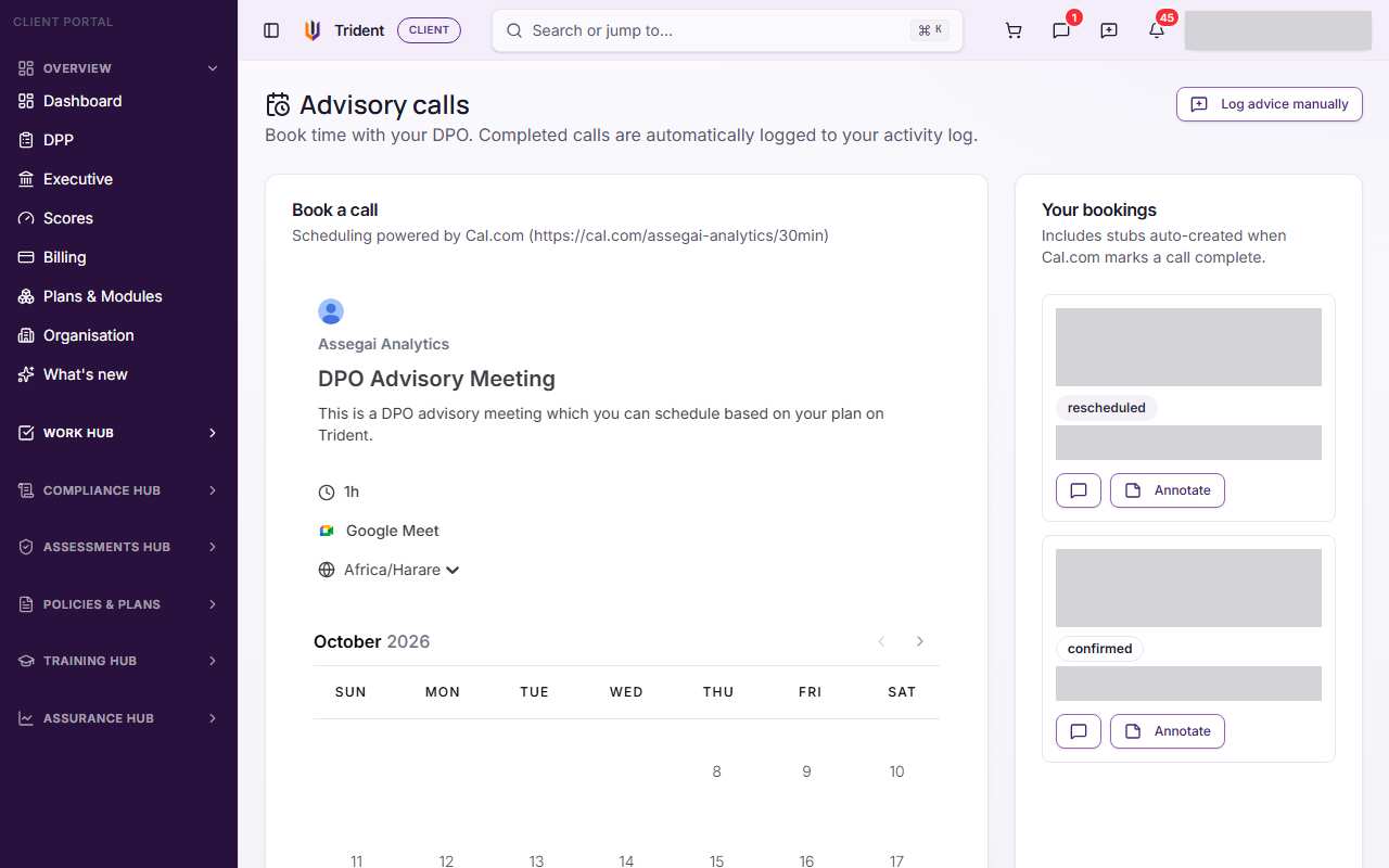 The Advisory calls page with test bookings listed under Your bookings, each with its status and an Annotate button, next to the Book a call scheduler