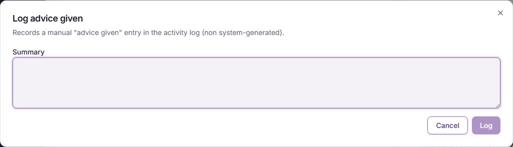 The Log advice given window, with a Summary box and a Log button