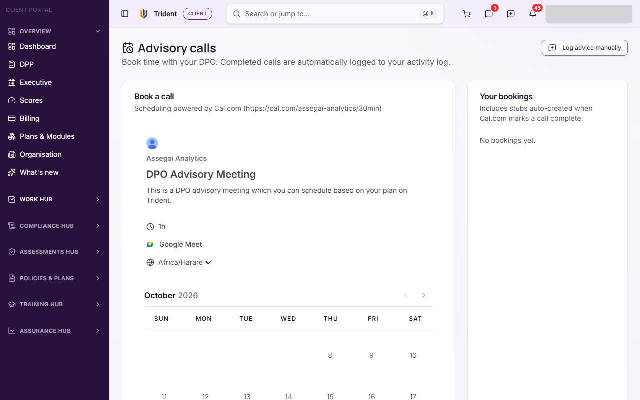 The Advisory calls page, with the Book a call scheduler on the left and Your bookings on the right