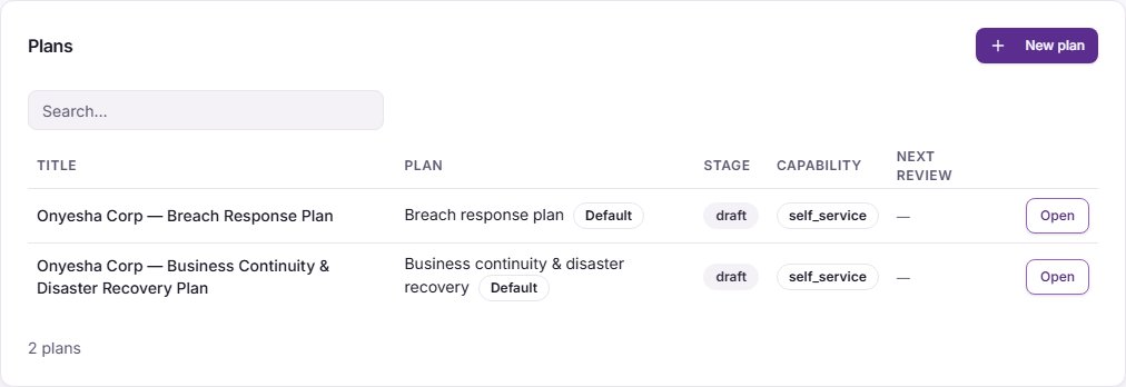 The BC/DR plans list, with the default breach response plan and the default business continuity and disaster recovery plan