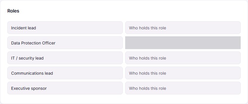 The Roles card of the breach response plan, with a Who holds this role field beside each role