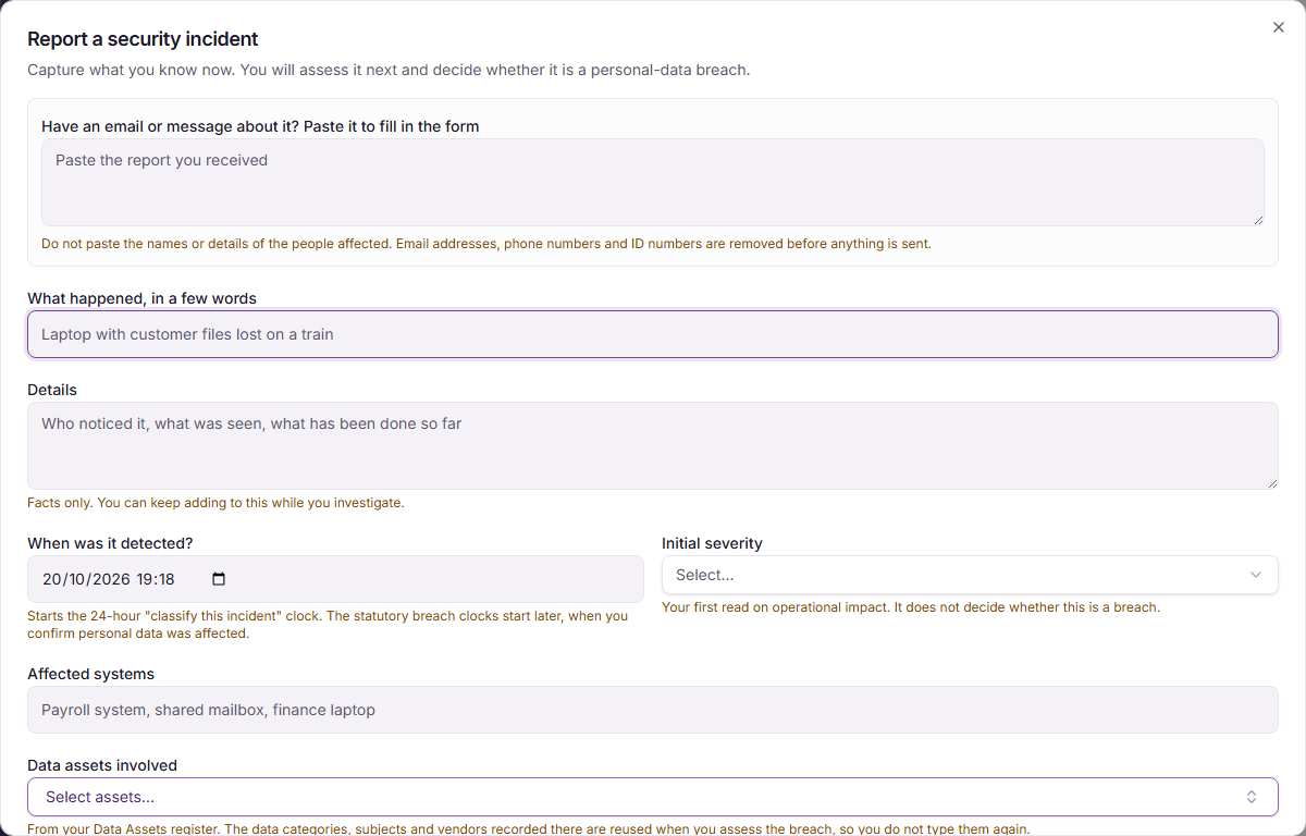 The Report a security incident window, with the two required fields, What happened, in a few words and When was it detected?