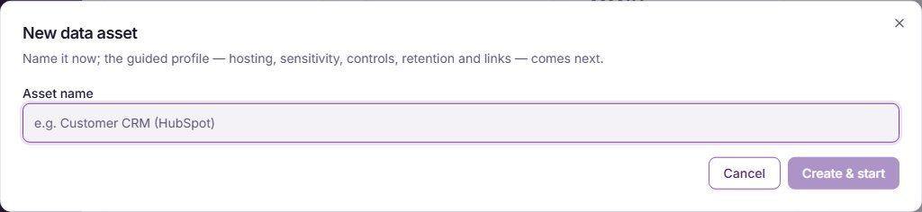 The New data asset window, with Asset name as its only field and the Create & start button