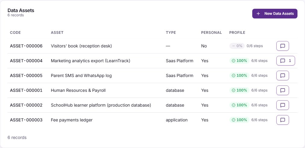 The Data Assets list, with each asset's code, name, type, whether it holds personal data and how far its profile has got