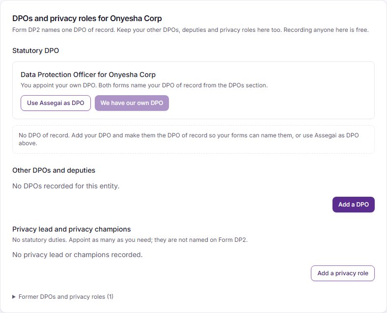 The DPOs section of the DPO page, with the Statutory DPO, Other DPOs and deputies, and Privacy lead and privacy champions groups