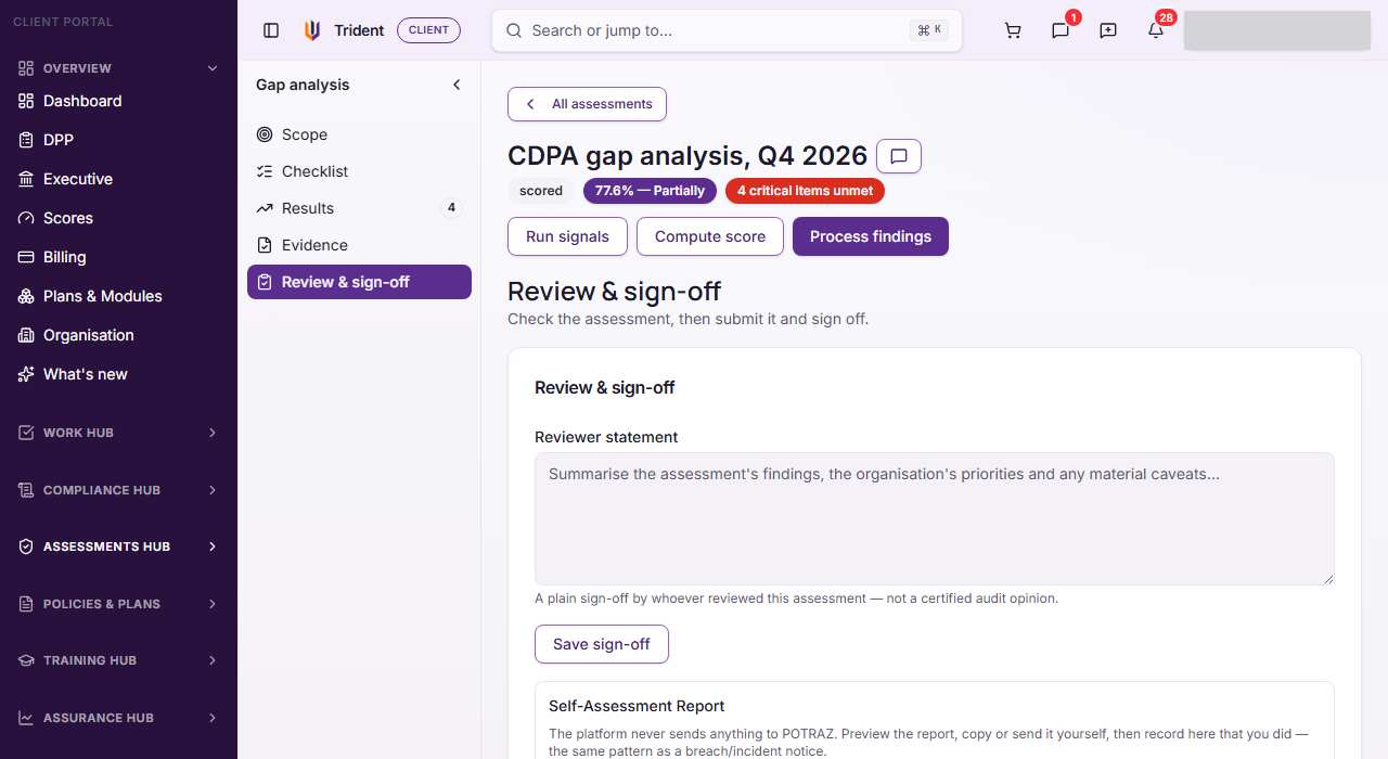 The Review and sign-off section, with the Reviewer statement box, Save sign-off and the Self-Assessment Report card