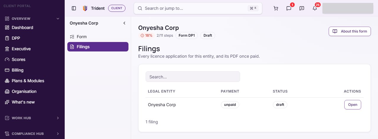 The Filings section of the Licensing page, listing one licence application in draft with its Open button