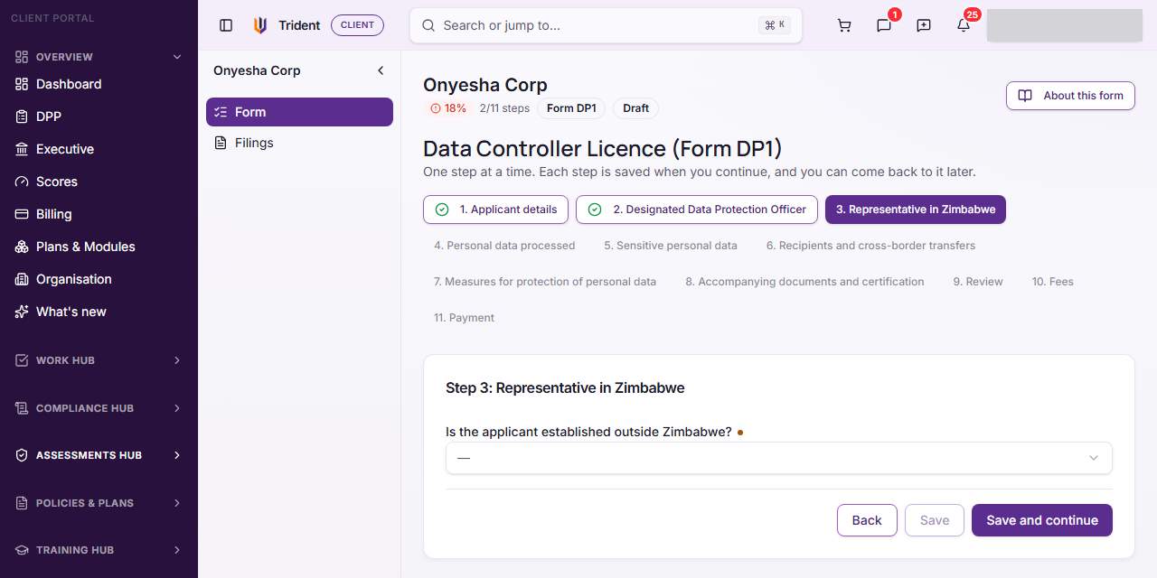 The Data Controller Licence (Form DP1) page for a sample company, with the steps of the form across the top and one step open below