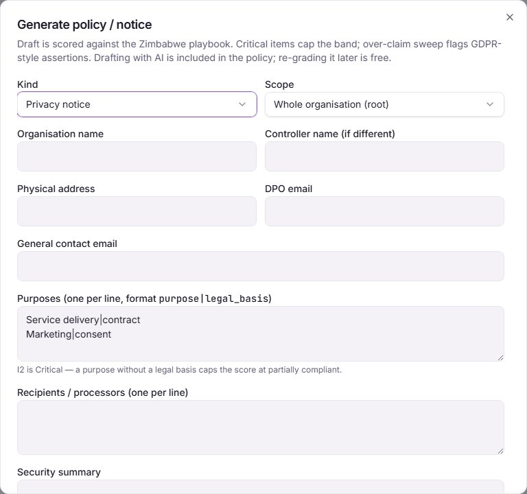 The Generate policy / notice window, with Kind, Scope and the details of the organisation to fill in