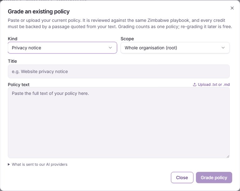 The Grade an existing policy window, with Kind, Scope, Title and a box to paste the policy text