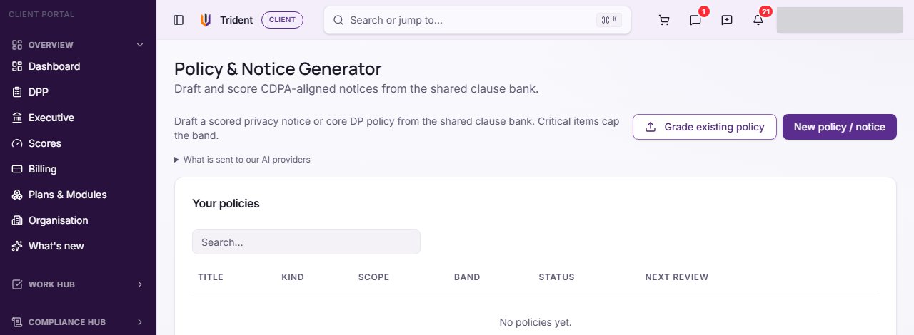 The Policy & Notice Generator page, with the Grade existing policy and New policy / notice buttons above the Your policies list