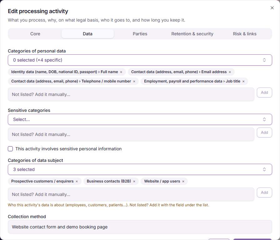 The Data tab of an activity, with categories of personal data and of data subject chosen