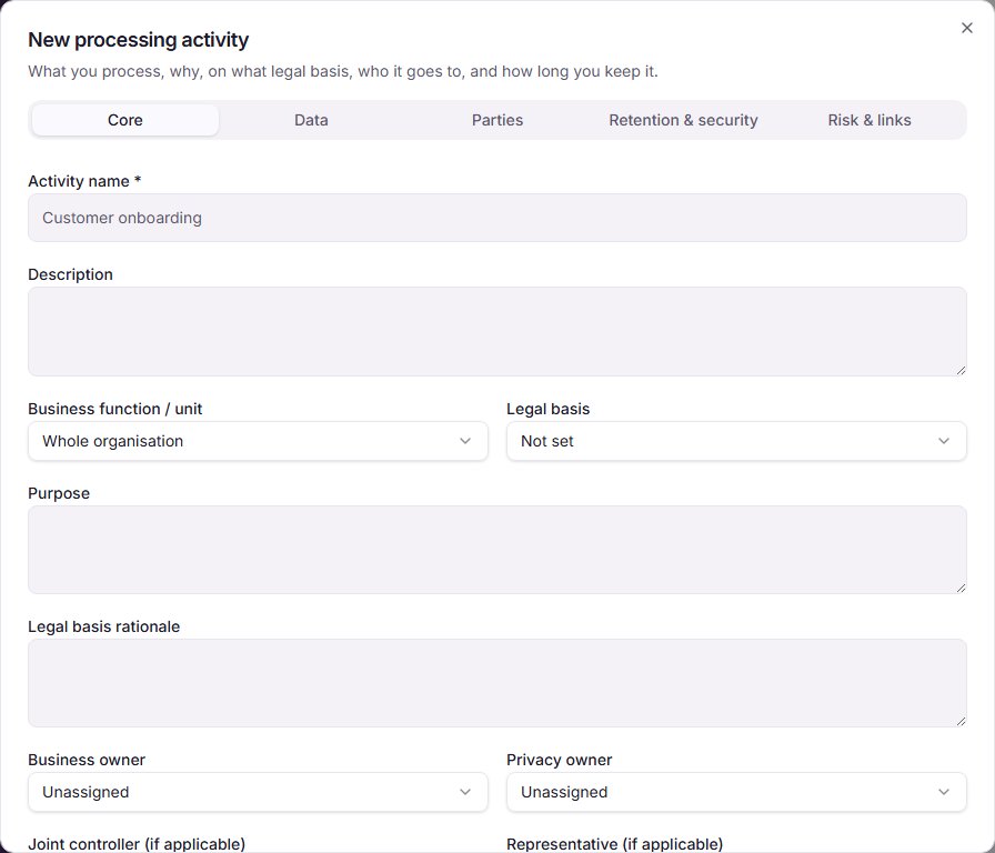 The New processing activity window on its Core tab, with Activity name as the only required field