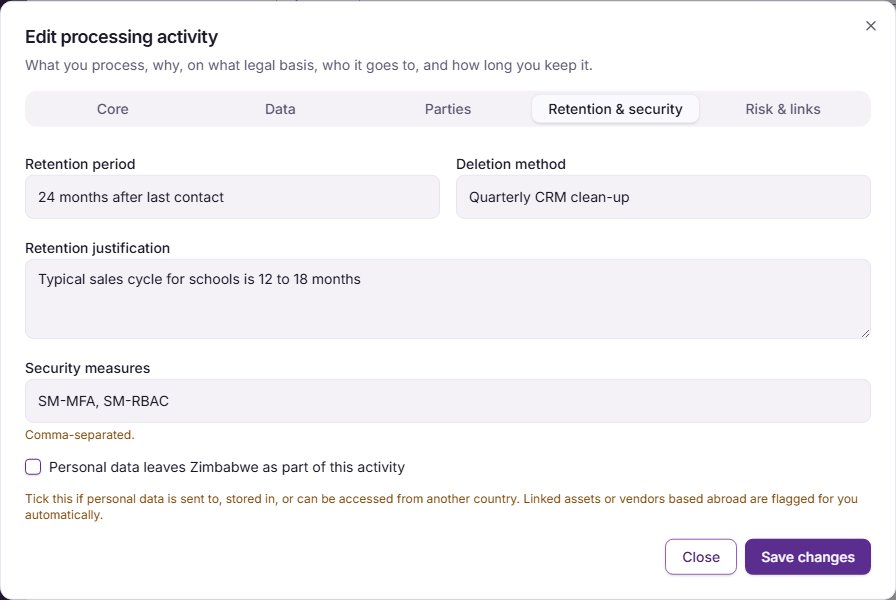 The Retention & security tab, with a retention period, a deletion method and the box for data that leaves Zimbabwe