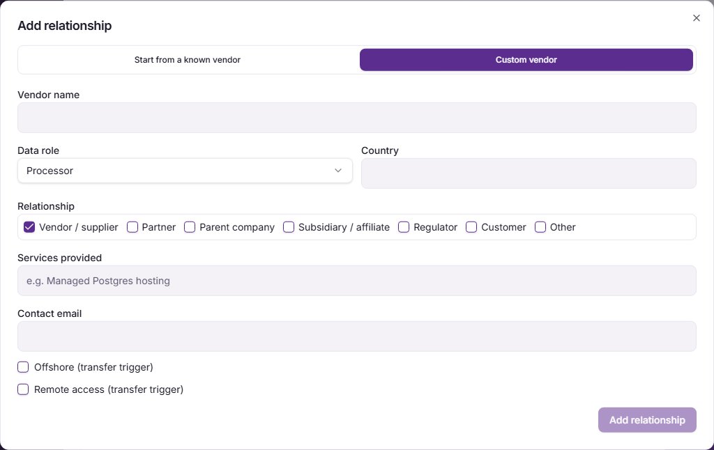 The Add relationship window on Custom vendor, with the vendor name, data role, country and relationship fields