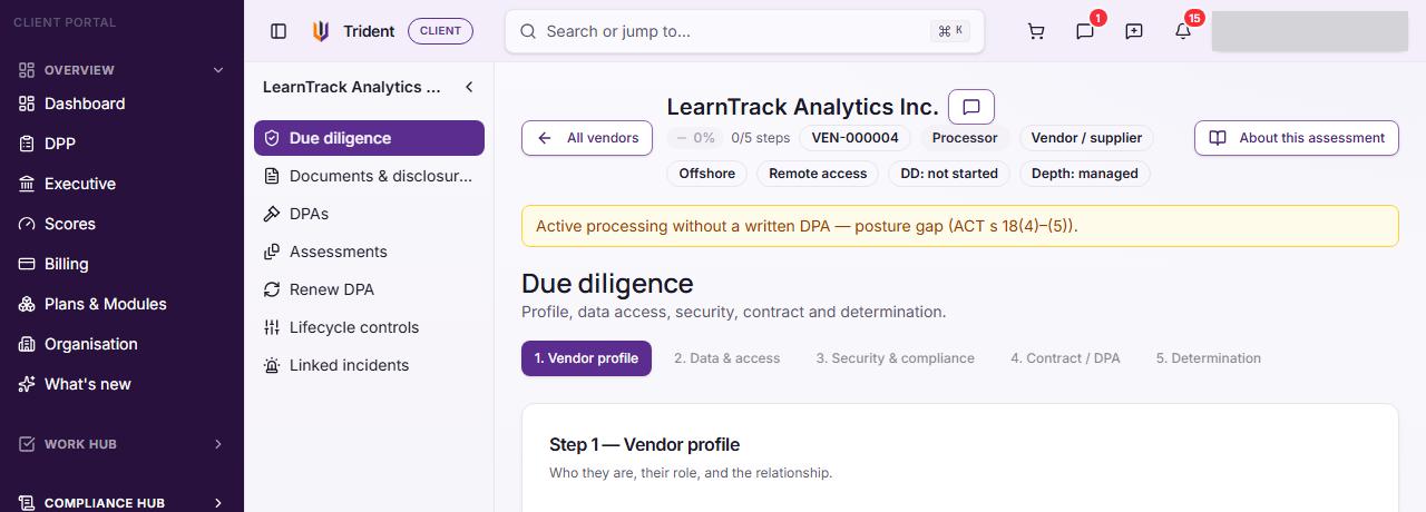 A vendor's page with the warning that it processes data without a written DPA, and the five due diligence steps