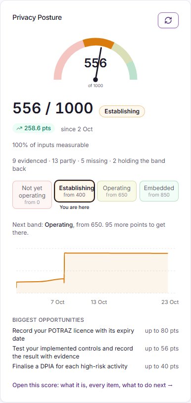 The Privacy Posture card on the Scores overview, with the score out of 1,000, its band, the band ladder and the biggest opportunities