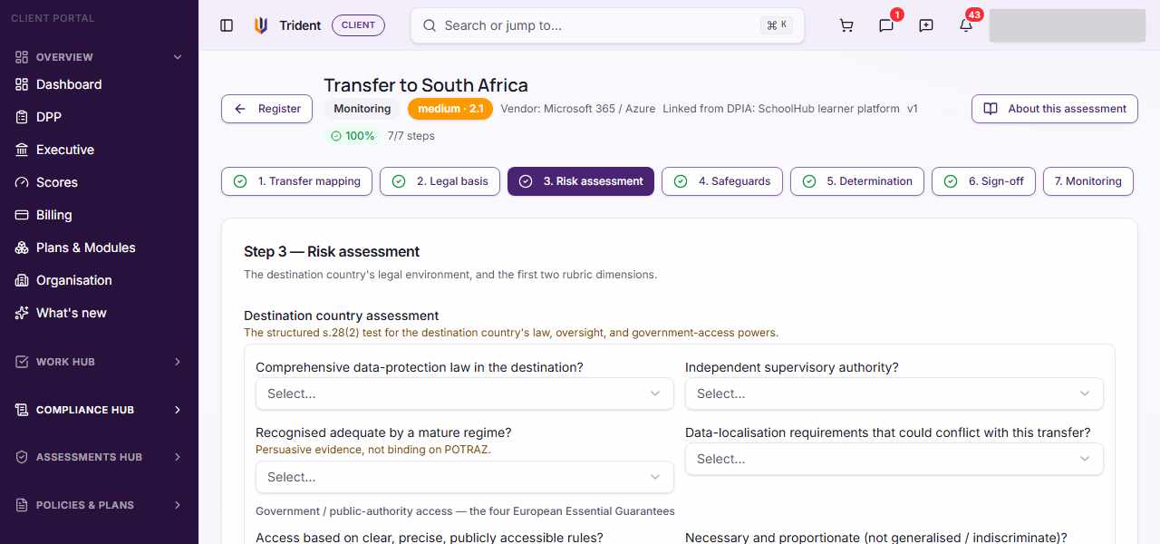 The Risk assessment step of a sample assessment, with the destination country questions and Pre-fill from library