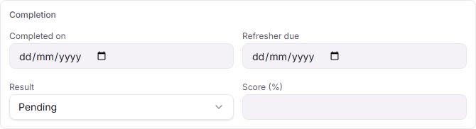 The Completion box of a training record, with Completed on, Refresher due, Result and Score (%)