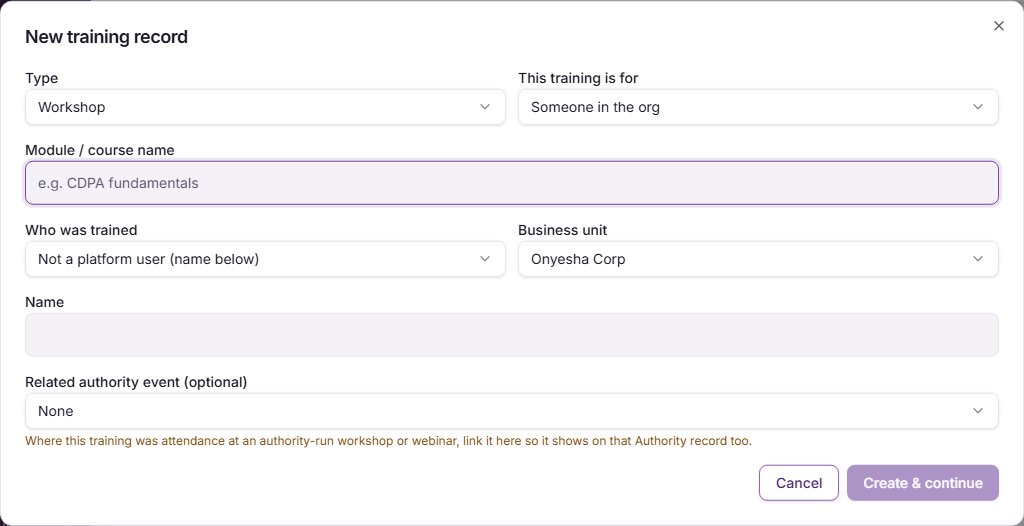 The New training record window, with the type, who the training is for, the module or course name and who was trained